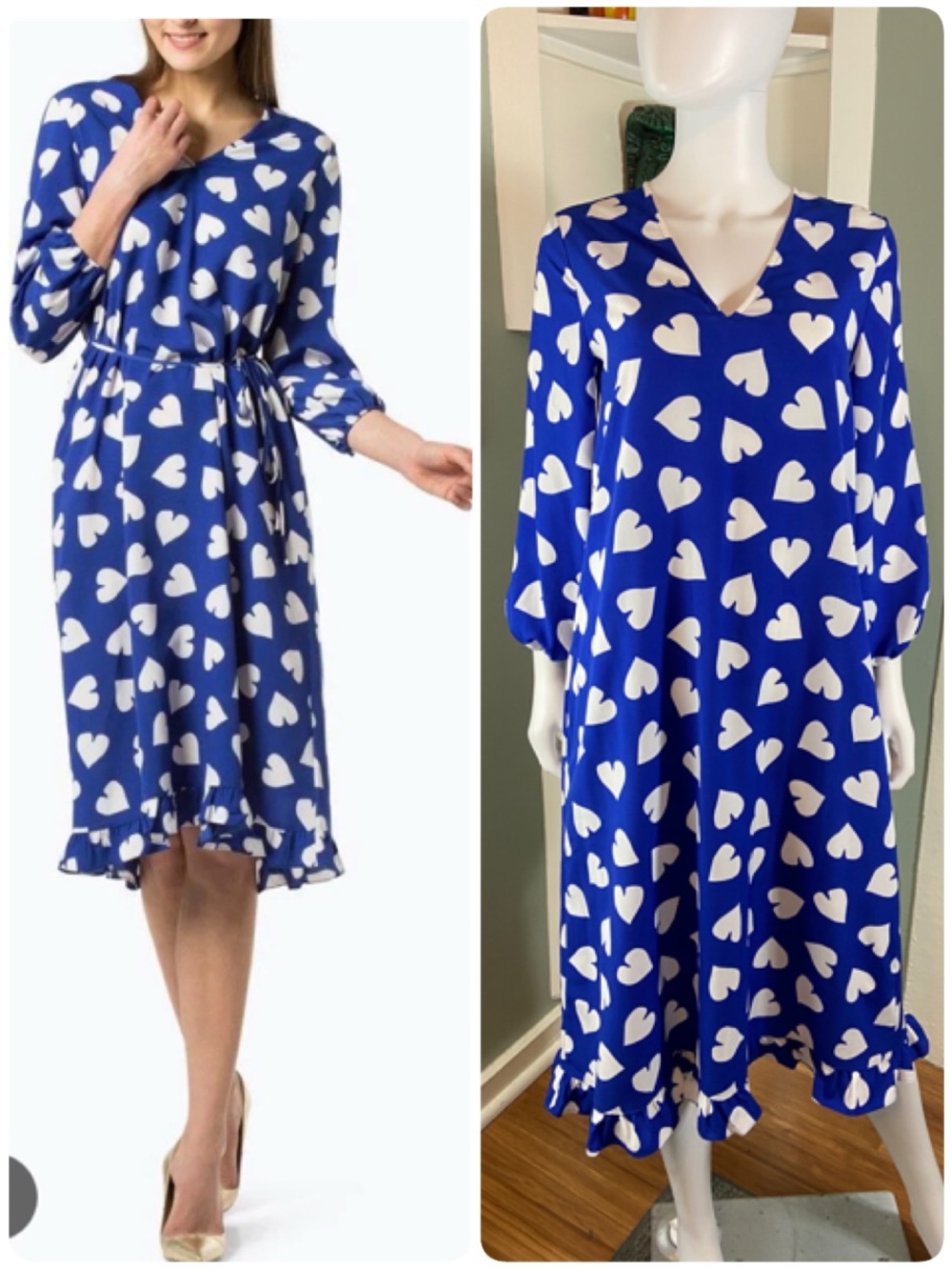 Essential Antwerp Seamus Blue Heart Print Midi Dress Caftan Robe Tie Waist 34/XS